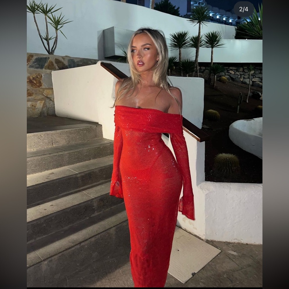 BTheLabel B The Label Red Devotion Mesh Sequin Shawl Maxi Dress See Through US 2